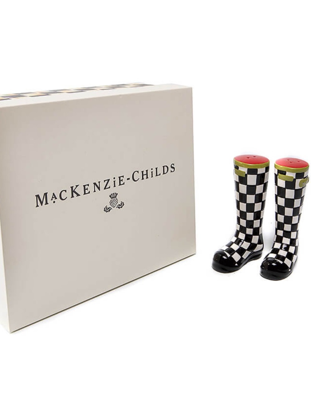 MacKenzie-Childs Courtly Check Wellies
Salt & Pepper Set. NIB. 4” H / 2.5” W.